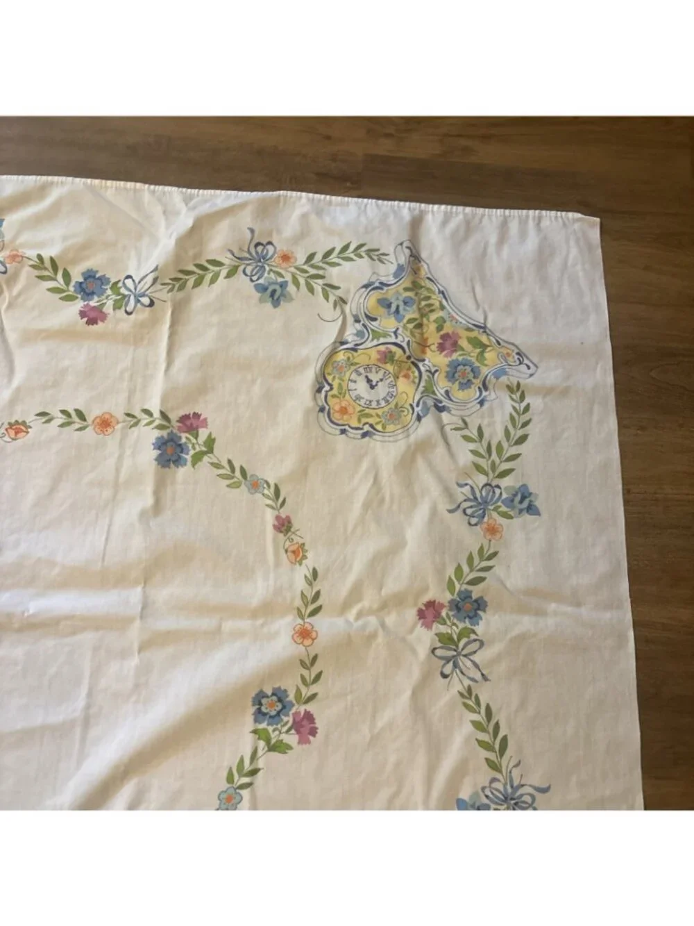 vintage cotton tablecloth Clocks Yellow And Blue 46 X 42